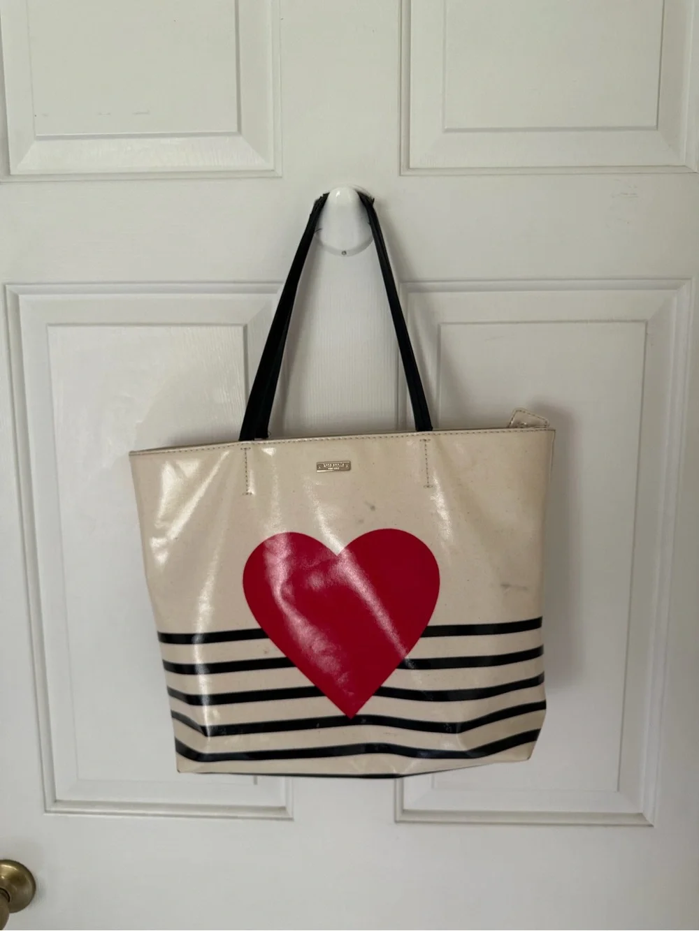 kate spade Cream Tote with Red Heart and Black Stripes